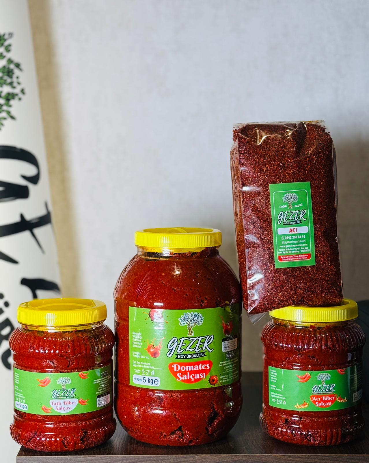 5 KG DOMATES SALÇASI-2 KG TATLI BİBER SALÇASI-2 KG ACI BİBER SALÇASI-YARIM KG PUL BİBER